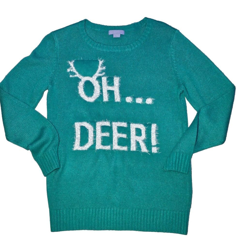 Laura Scott Womens Christmas Ugly Sweater Oh Deer Holiday Green Pullover MEDIUM